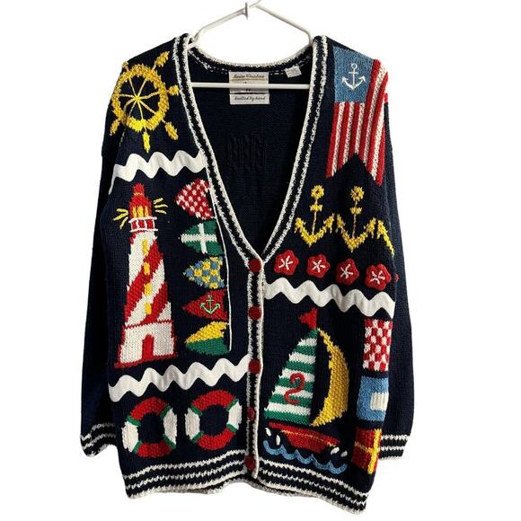 Vintage Marisa Christina Nautical Chunky Hand Knit Cardigan Size PP Grannycore - Picture 1 of 11